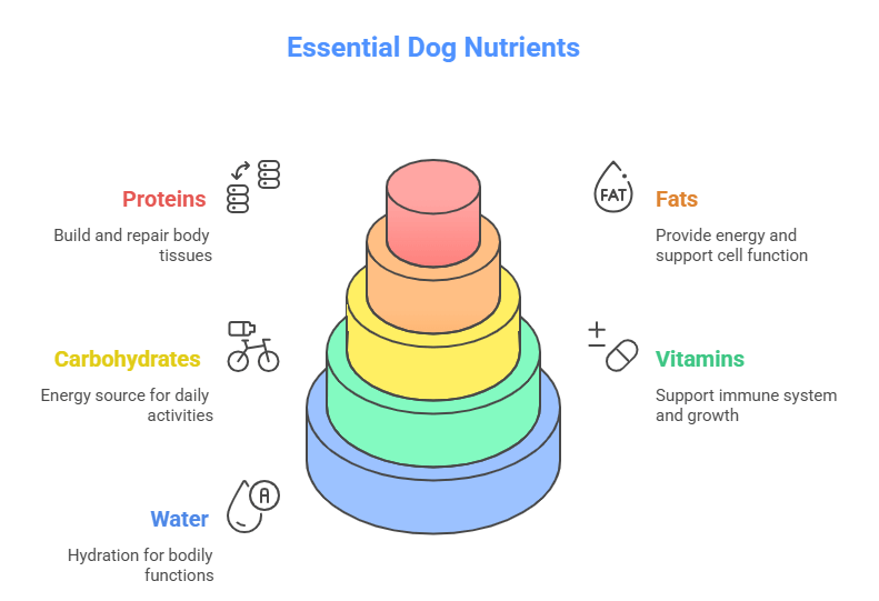 dog food Ingredients: Infographic showing proteins, fats, carbs, vitamins and water as core nutrients for dogs