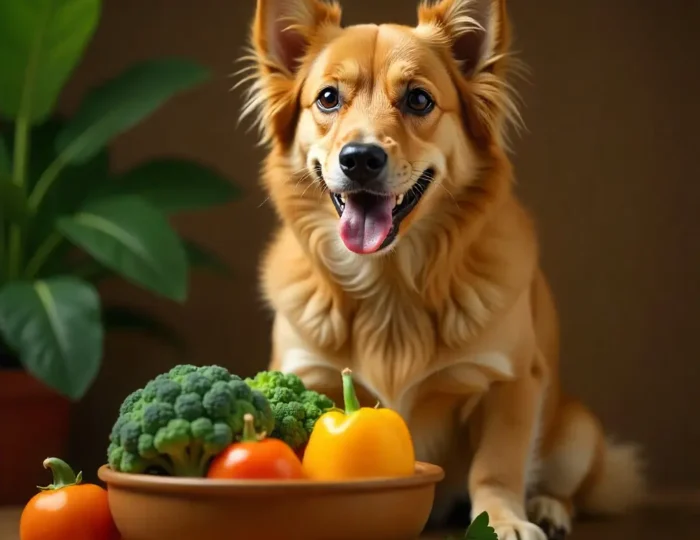 Happy dog with a bowl of safe vegetables including carrots, broccoli, pumpkin, and green beans