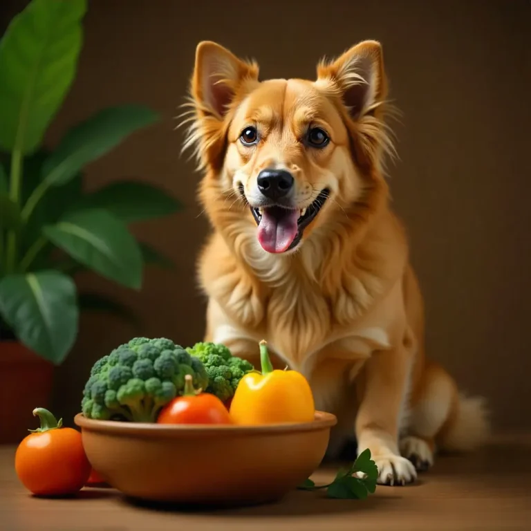 Happy dog with a bowl of safe vegetables including carrots, broccoli, pumpkin, and green beans