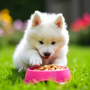 Cute puppy eating food from a bowl for healthy growth and proper feeding schedule
