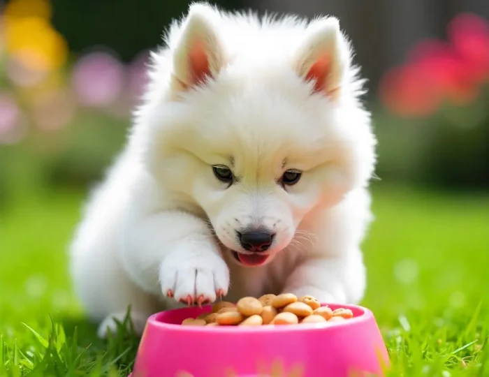Cute puppy eating food from a bowl for healthy growth and proper feeding schedule