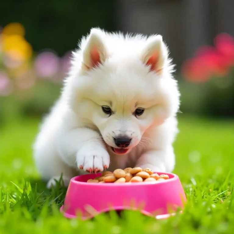 Cute puppy eating food from a bowl for healthy growth and proper feeding schedule